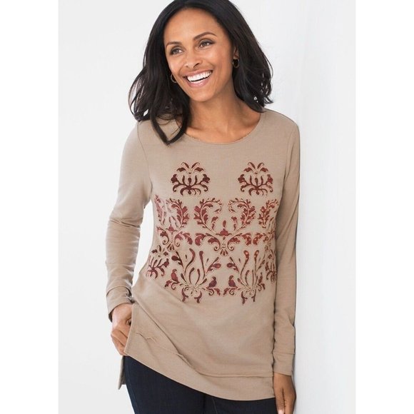 Chico’s 1 Zenergy womens Applique Top Tunic Tan Long Sleeve cotton size medium - Picture 1 of 7